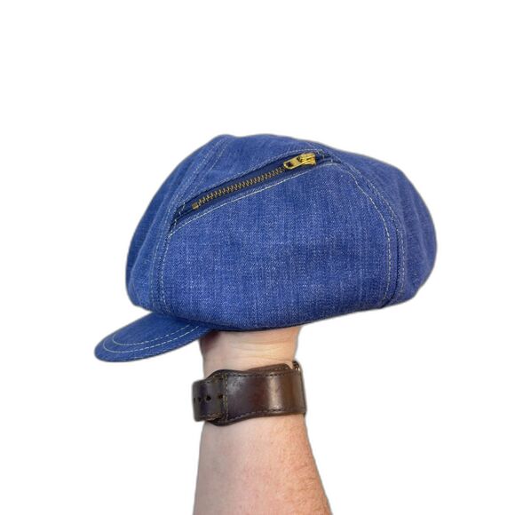 Vintage 1970s Paperboy Hat Blue Denim Pocket Zipper UNION MADE Newsboy - Picture 2 of 12